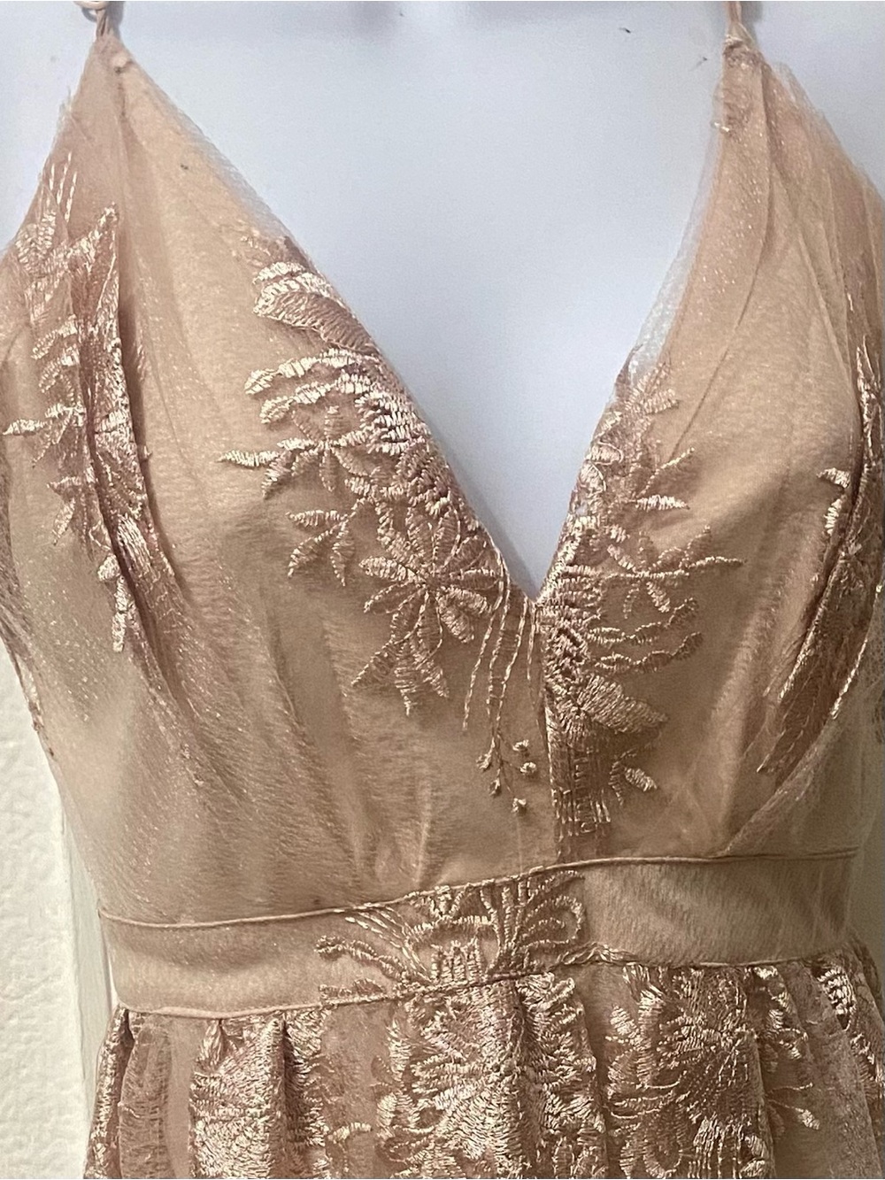 V-Neck Mini Dress with Floral Embroidered Bodice in Champagne